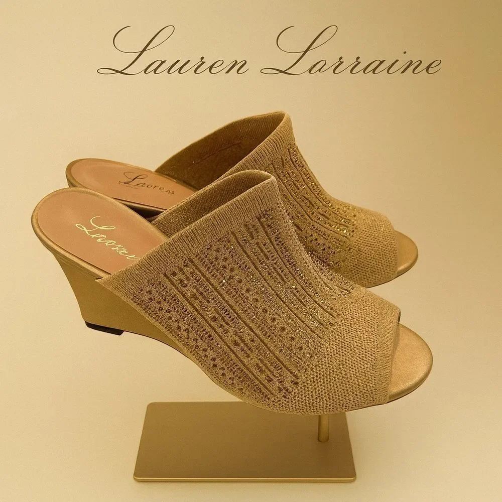New Lauren Lorraine Gold Wedge Slide Mules Sandals 6.5